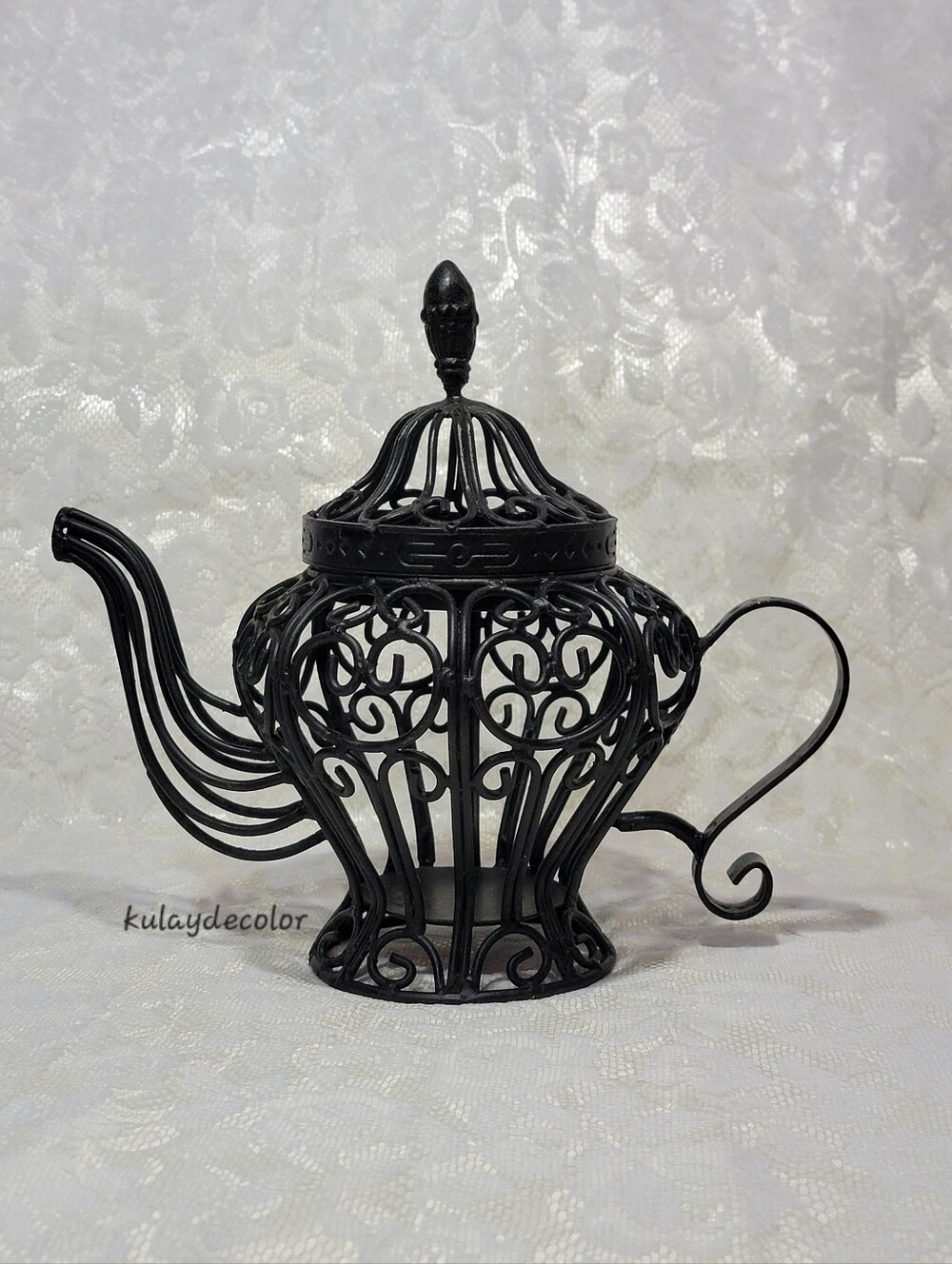 Filigree Style Wrought Iron Teapot Lantern Candle Holder Black Scroll Home Decor